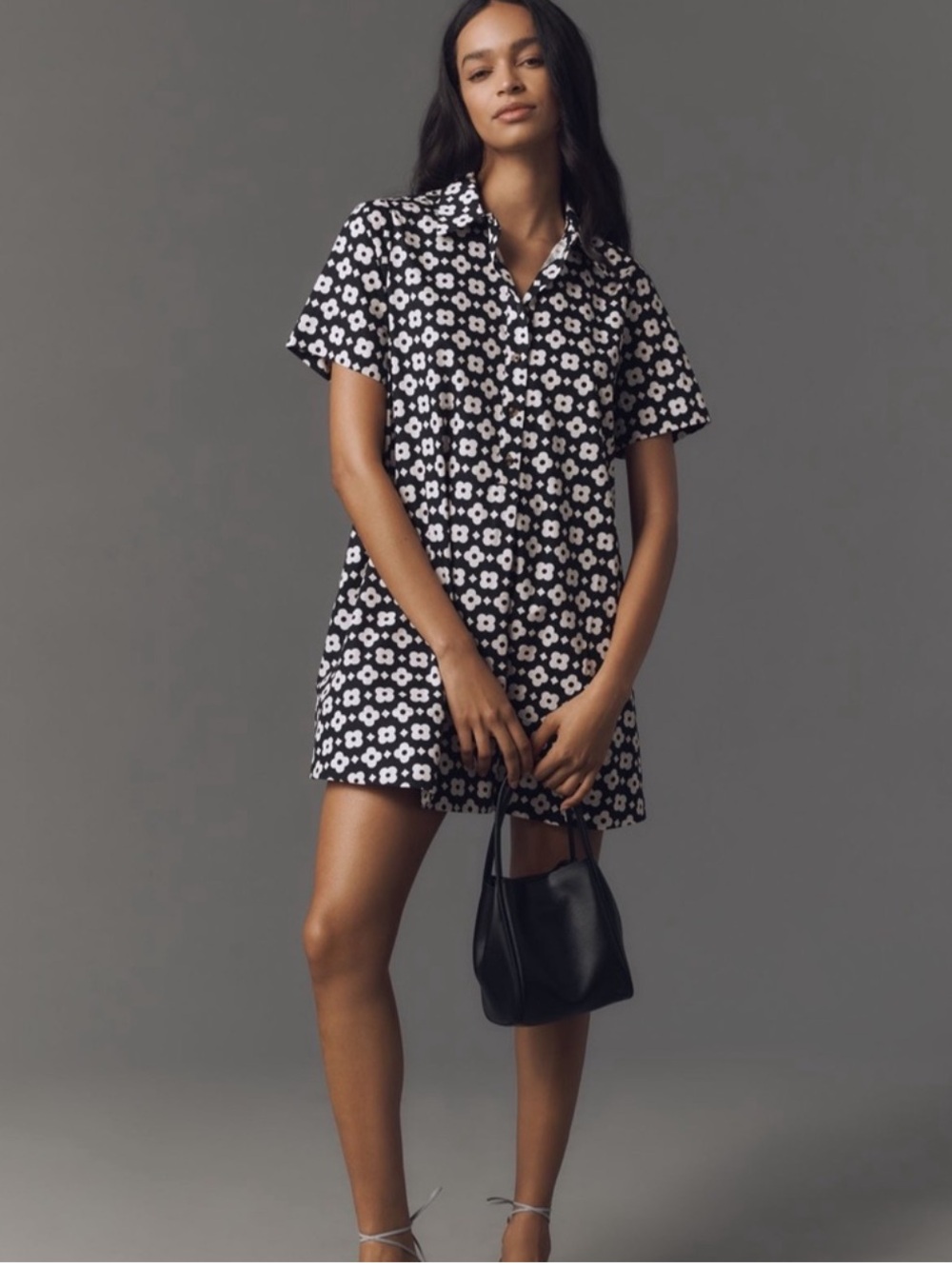 Anthropologie Pollie Swing Tunic Mini Dress S Black White Floral Geometric